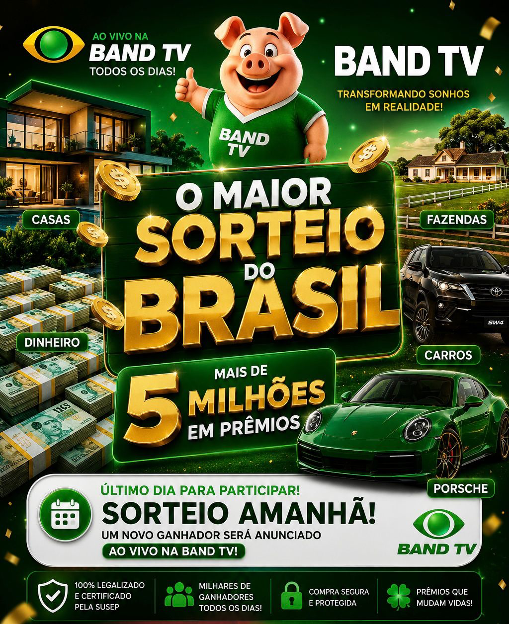 Banner principal do Band Sorteios com mascote, casas, fazendas, dinheiro e carros